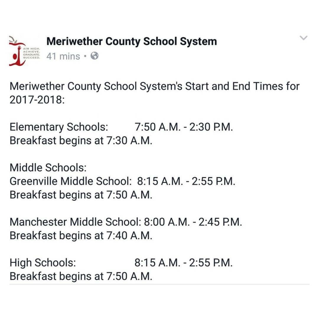 School Start and End Times for 2017-2018