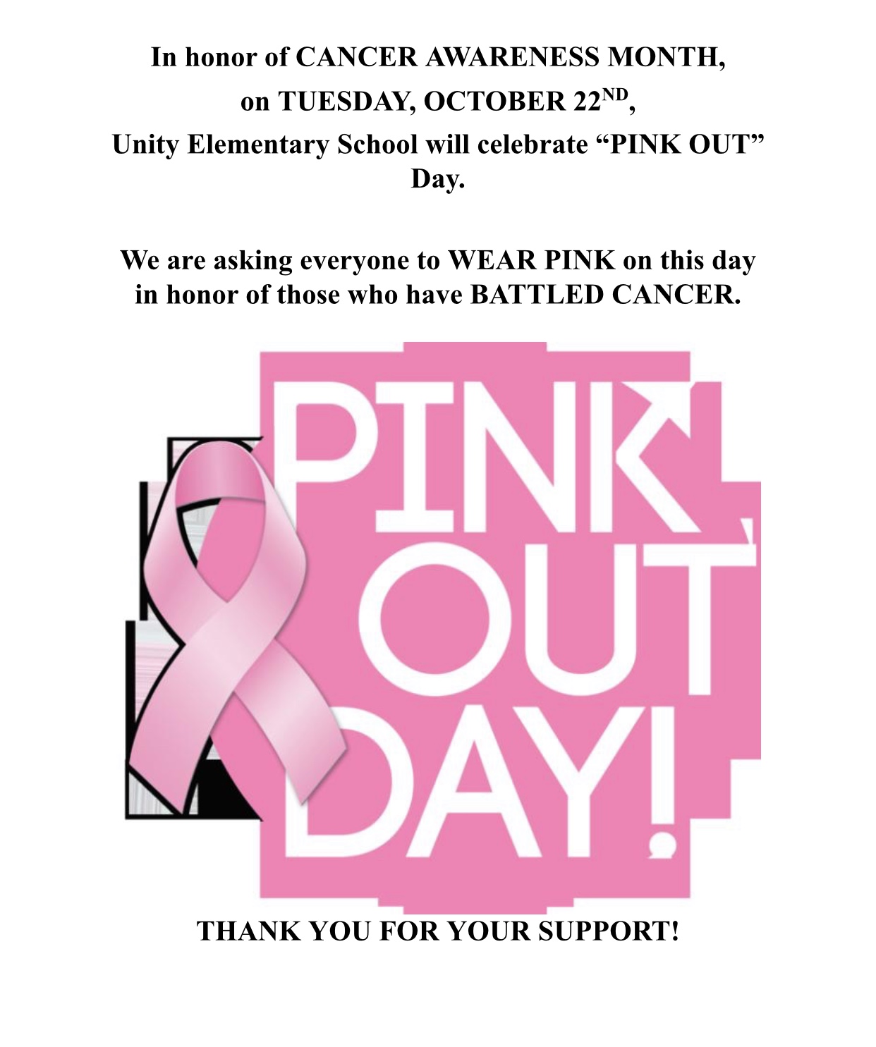 Save the Date for Pink Out Day! Unity Elementary
